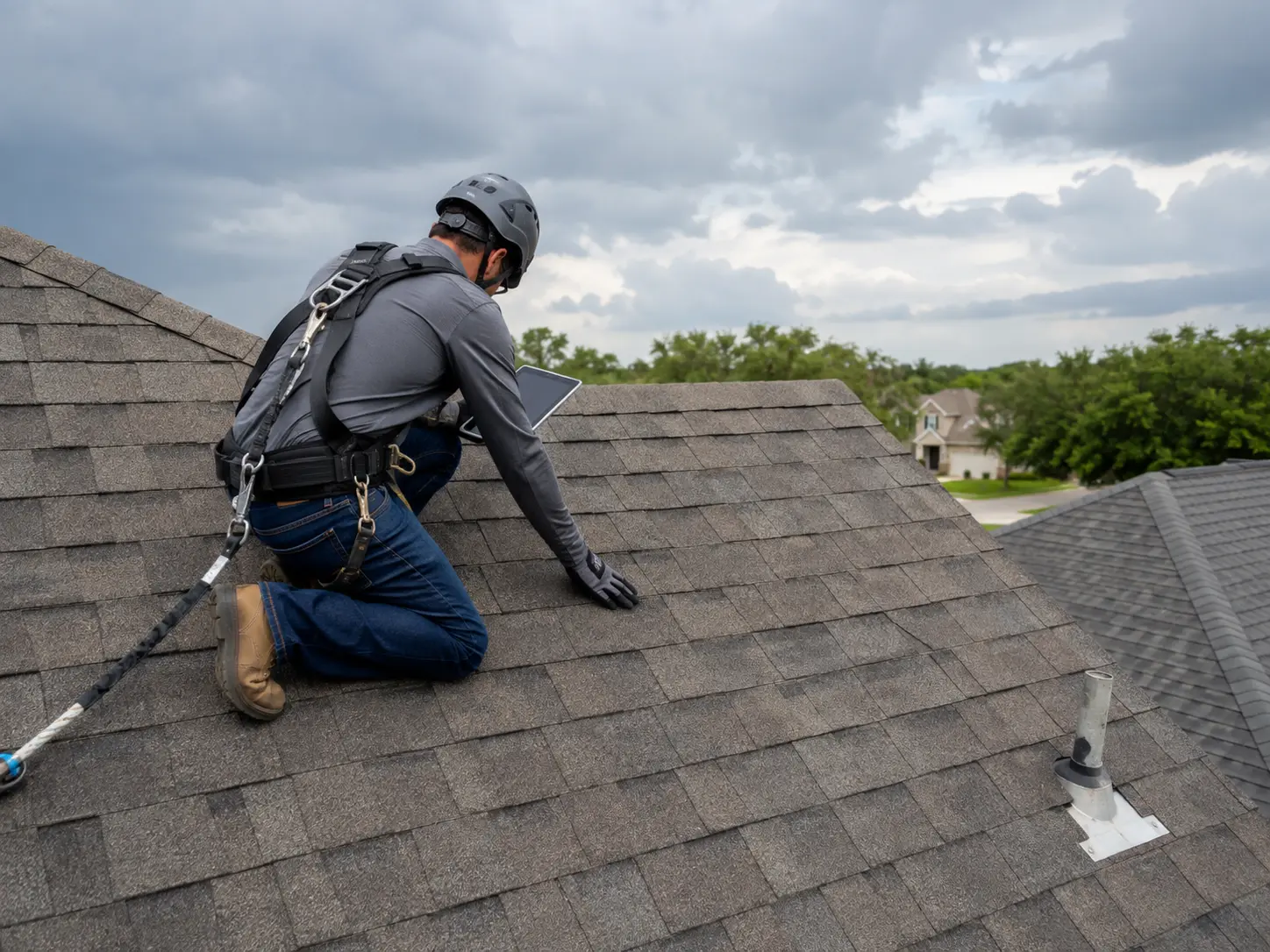 Roofing professional inspecting storm damage on an asphalt shingle roof